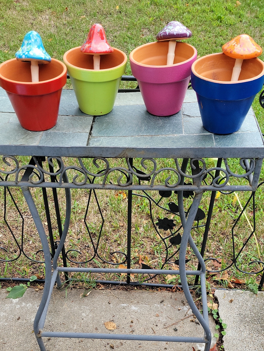 Colorful Ceramic Flower Pot Set with Mushroom Stakes On A Spring. Multicolor